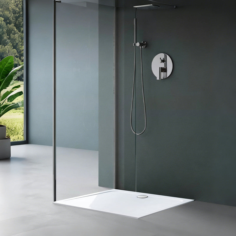 60 in x 32 in Acrylic Alcove Shower Base with Back Drain, High-Gloss White/Black, Slip-Resistant, Reinforced Bottom