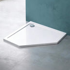 36 in x 36 in Acrylic Pentagon-Shaped Corner Shower Base with Corner Drain, High-Gloss White, Slip-Resistant, Reinforced Bottom