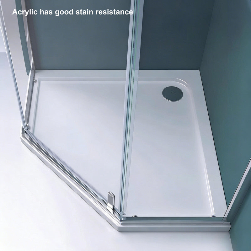 36 in x 36 in Acrylic Pentagon-Shaped Corner Shower Base with Corner Drain, High-Gloss White, Slip-Resistant, Reinforced Bottom