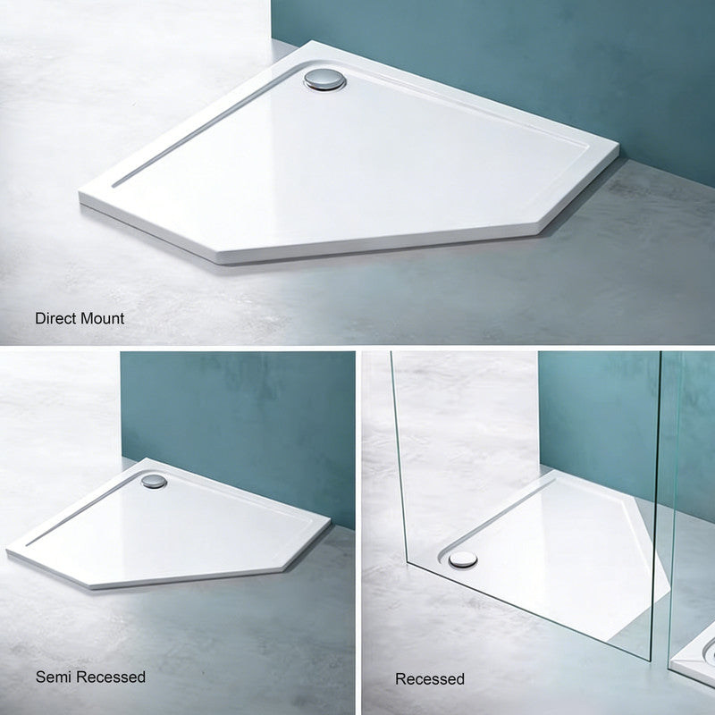 36 in x 36 in Acrylic Pentagon-Shaped Corner Shower Base with Corner Drain, High-Gloss White, Slip-Resistant, Reinforced Bottom