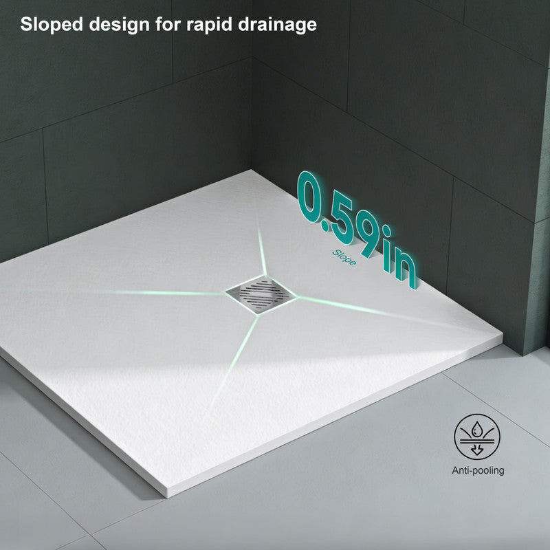 60 in x 32 in Cast Marble Alcove Shower Base with Left/Right Drain, Matte White/Black, Slip-Resistant, No Threshold, Durable One-Piece Design