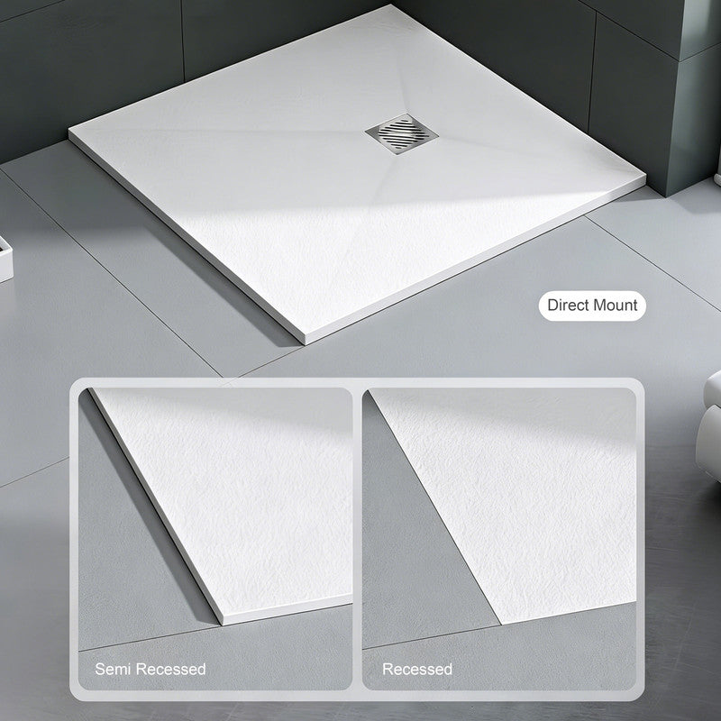 60 in x 32 in Cast Marble Alcove Shower Base with Left/Right Drain, Matte White/Black, Slip-Resistant, No Threshold, Durable One-Piece Design