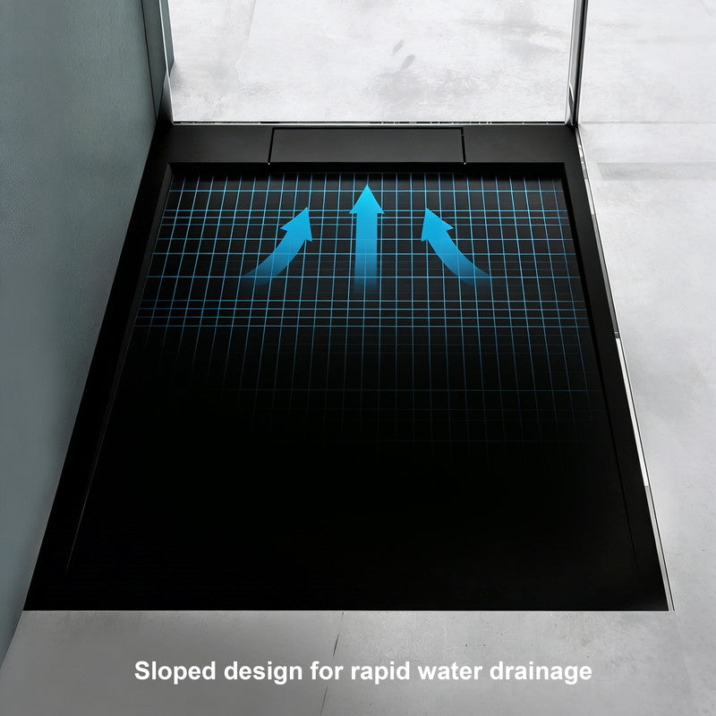 60 in x 32 in Cast Marble Alcove Shower Base with Left/Right Drain, Matte White/Black, Slip-Resistant, No Threshold, Durable One-Piece Design
