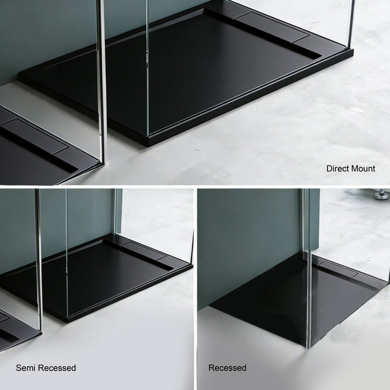 60 in x 32 in Cast Marble Alcove Shower Base with Left/Right Drain, Matte White/Black, Slip-Resistant, No Threshold, Durable One-Piece Design