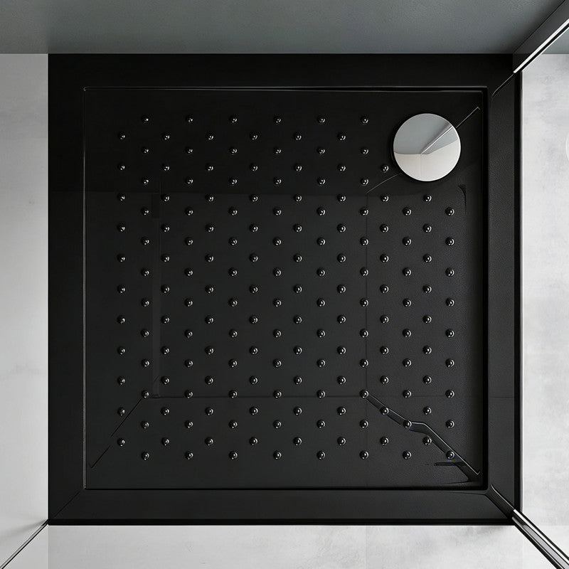 36 in x 36 in Acrylic Corner Shower Base with Corner Drain, High-Gloss White/Black, Slip-Resistant, Reinforced Bottom