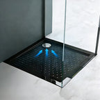 36 in x 36 in Acrylic Corner Shower Base with Corner Drain, High-Gloss White/Black, Slip-Resistant, Reinforced Bottom