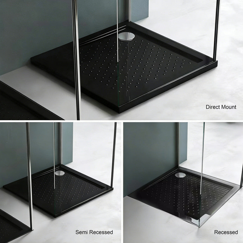 36 in x 36 in Acrylic Corner Shower Base with Corner Drain, High-Gloss White/Black, Slip-Resistant, Reinforced Bottom