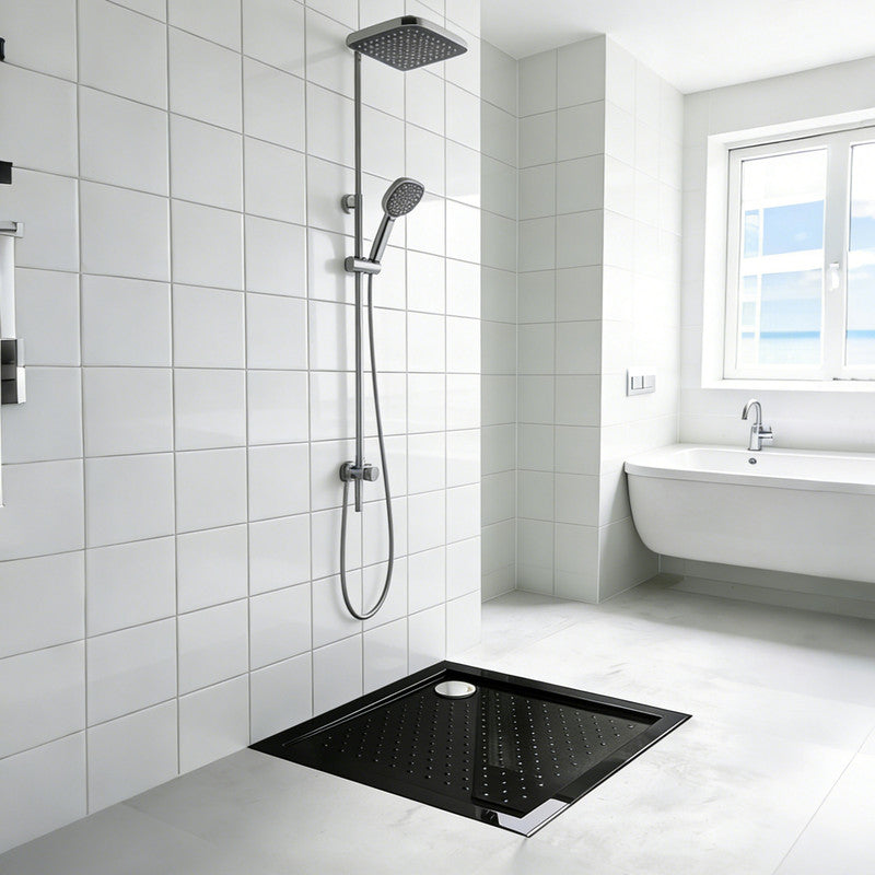 36 in x 36 in Acrylic Corner Shower Base with Corner Drain, High-Gloss White/Black, Slip-Resistant, Reinforced Bottom